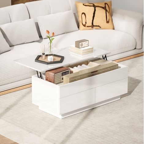 Mesa de centro elevable 102 x 48 x 54,5 cm con hueco oculto y 2 cajones, blanco brillante HAVRYA (1/5)