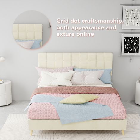 Lit élégant beige foncé en tissu, tête de lit capitonnée à motifs carreaux, style luxueux pour chambre adulte ou invitée, taille double 140x200 cm, matelas non inclus. (1/5)