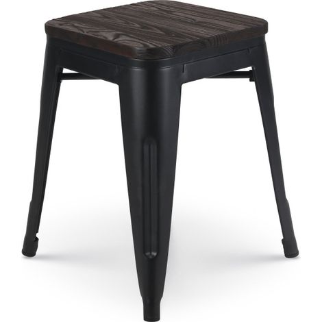 Mattschwarzer Metallhocker im Industriestil und Sitz aus dunklem Holz - Ohne Rückenlehne - Höhe 46 cm