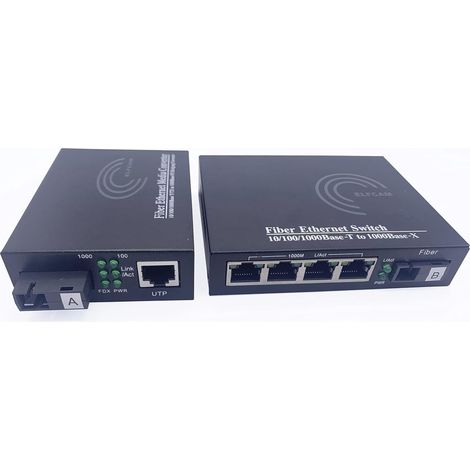 Elfcam - Lot de 2 Convertisseurs Fibre Optique Ethernet - SC Monomode, 1 Port SFP + 4 Port RJ45, Jusqu’à 20 km, Module SFP Inclus