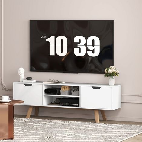 Mobile TV per televisori fino a 65 pollici, con 2 armadietti e 2 ripiani, mobile da soggiorno, 150 x 39 x 50 cm, bianco