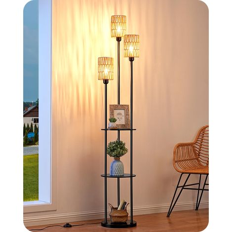 Lampadaire pour Salon, 3 Lumières LED avec Étagère, Bohème, Noir avec Étagère & Abat-Jour en Rotin Tressé à la Main, Douille E27, Ampoule Incluse, pour Chambre, Bureau, 178 cm (1/5)
