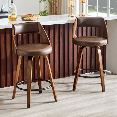 Lot de 2 tabourets de bar, tabouret de cuisine pour îlot central, chaise de bar vintage en bois courbé et simili cuir PU 92cm avec dossier, Marron (1/5)