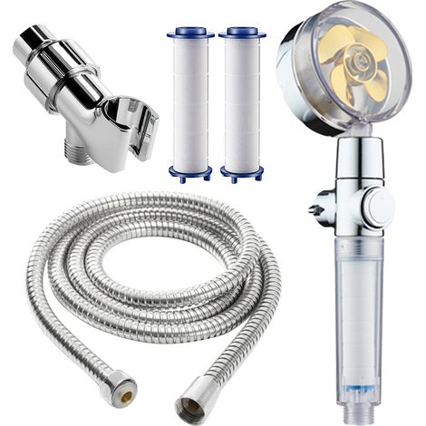 Handbrausekopf mit Turbine, Ein-/Ausschalter mit Pausenfunktion, Hochdruck, drehbare G1/2-Düse, inklusive 1,5 m Schlauch, Halterung und Baumwollfilter.