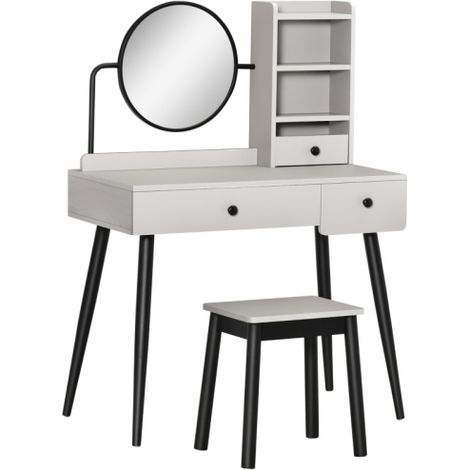 Grey Vanity Makeup Table Set with Mirror and Stool,Featuring 3 Drawers and Open Shelves for Bedroom and Living Room Use