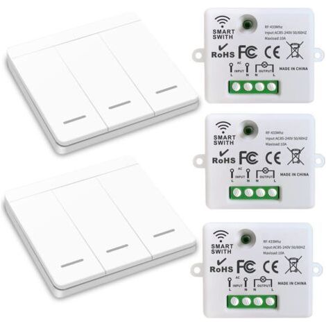 Drahtloser Lichtschalter, RF-Sender-Sicherheitsschalter und 10A-Empfängersteuerung, einfache Installation für Lampen bis 1500W (3 Empfänger und 2 Schalter) (1/4)