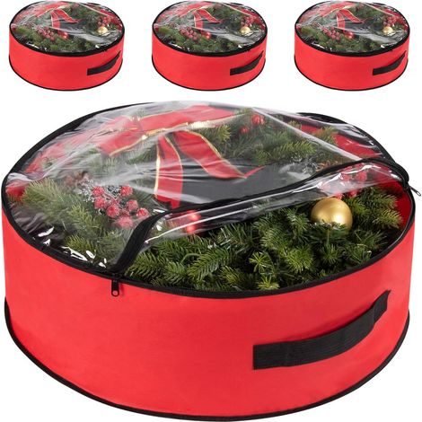 Lot de 3 sacs de rangement imperméables pour guirlandes de couronnes de Noël - Sacs de rangement avec fermeture éclair et poignée - Rouge (1/5)