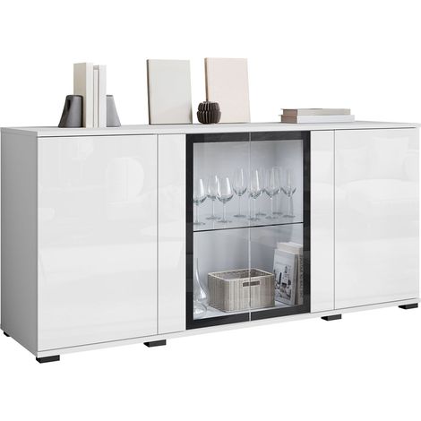 Aparador Torcame 102, Blanco + Blanco brillante, 70x150cm, Número de puertas: 040cm, Aglomerado laminado, Vidrio templado, LED (1/5)