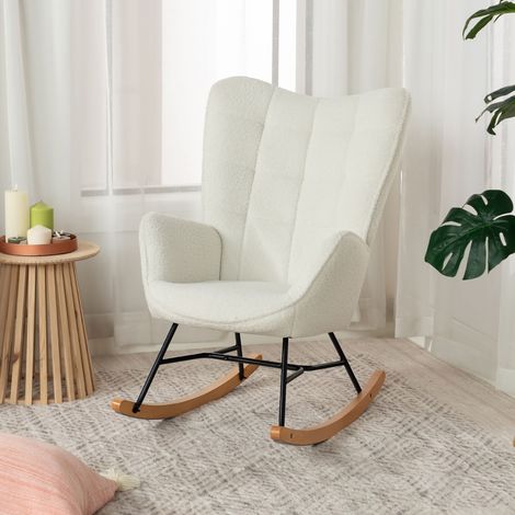 Fauteuil à bascule 68x85x98 cm en bouclette beige et naturel - DELEO (1/5)