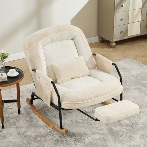 Fauteuil à bascule 80x87x95 cm en tissu peluche beige, repose-pieds, pour salon – MEUBLIV (1/5)