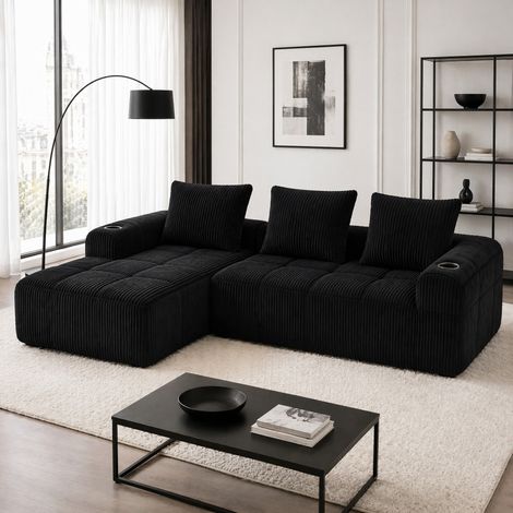 Canapé modulaire en velours côtelé noir avec poches latérales et porte-gobelets, 3 coussins, OKWISH (1/5)