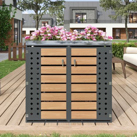 Boîte cache-poubelle avec panneaux horizontaux effet bois, compartiments de rangement pour déchets, verrouillable, deux portes, surface pour plantes, panneau de porte ajouré motif losange