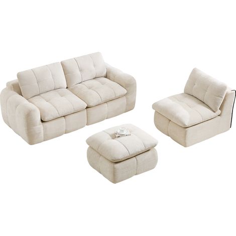 Divano Modulare 3 Posti in Chenille, Seduta Profonda, senza Montaggio, con Ottoman, Beige 264 x 160 x 68 cm (1/5)