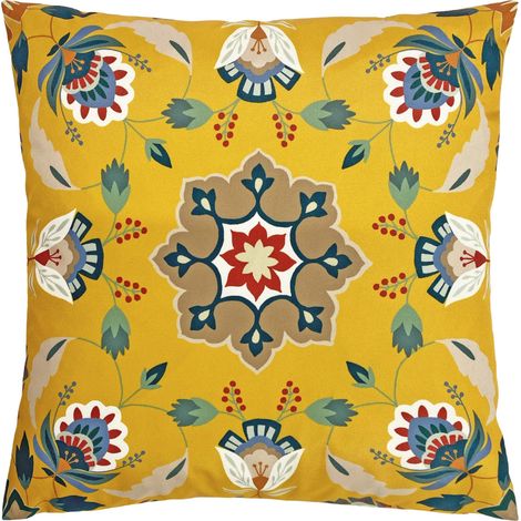 Coussin en Polyester Garni Résistant À L Eau Art Populaire Floral Mandala Extérieur Coussin Décoratif Ocre 43x43cm (1/4)