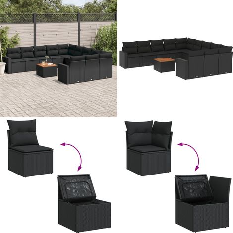 12-tlg. Garten-Sofagarnitur mit Kissen Schwarz Poly Rattan - Gartenmöbel Set - Esszimmergarnitur - Outdoor Möbel - Lounge Set - Balkonmöbel - Home & Living (1/5)