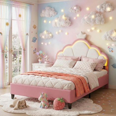 Lit double 140x190 cm, Lit princesse,  sommier à lattes, tête de lit nuage avec éclairage LED, Scandinave - Lit fille rose