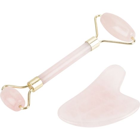 Rouleau et Grattoir en Quartz Rose et Jade pour Massage du Visage - Soin Anti-Âge et Détoxifiant (1/5)