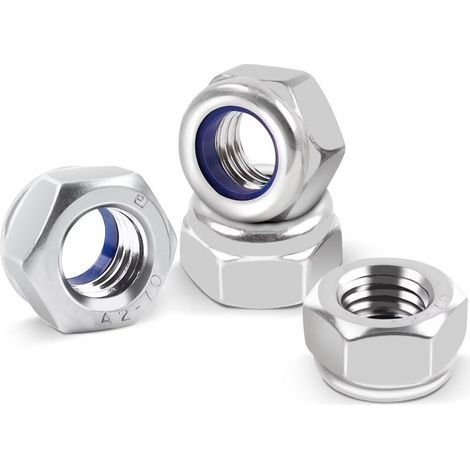 Dadi autobloccanti M6 in acciaio inox, confezione da 50. Dadi esagonali in nylon Nylstop M6, A2 V2A (DIN 986 / ISO 106110), filettatura metrica standard. (1/4)