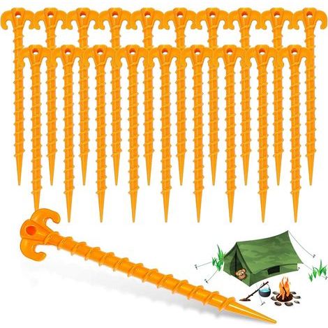20 estacas de plástico para tiendas de campaña, estacas de plástico de 20 cm con gancho, clavos de fijación para suelo duro para toldos de camping, lonas de lluvia, jardín (amarillo) (1/5)