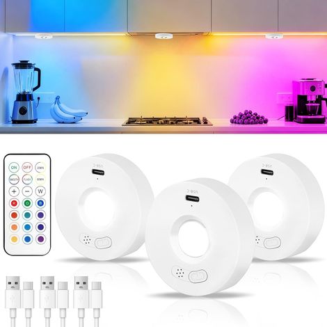 Rechargeable RGB LED Lights with Remote Control, 3 Pack Puck Lights, Under Cabinet Lights, Kitchen Under Cabinet Light, with Sync Function, Wireless Stick On Lighting for Cabinet, Showcase (1/5)