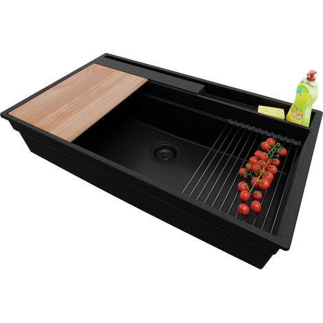 PRIMAGRAN Evier Cuisine en Granit 88x53cm, Lavabo 1 bac + Kit de Vidage + Accessoires, Évier à Encastrer au meuble 90cm - Oslo Pocket, Tout Noir (1/5)