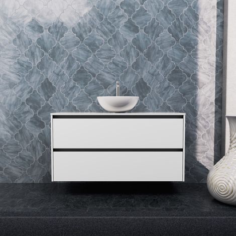 Inda - Badezimmerschrank 2 Schubladen B.120 mit Aufsatzwaschbecken / Weiß glänzend - Smeraldo