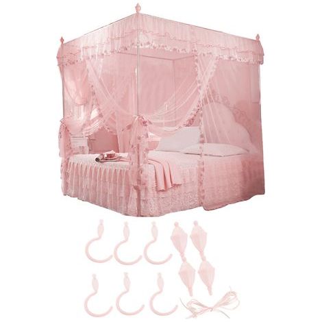 Luxuriöser Prinzessinnenbettvorhang mit 3 seitlichen Öffnungen, Baldachinnetz, Moskitonetz, Bettwäsche (rosa, Größe M) (1/5)