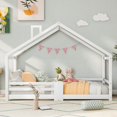 Lit cabane enfant 90x200 cm -  peinture sans odeur à base d'eau - sécurité avec barrières - blanc (1/5)