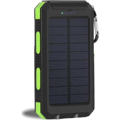 Power Bank Solaire 20000 mAh Étanche IP67 avec 2 Lampes LED, Portable et Compact (7,7 x 14 x 2,2 cm), Batterie Externe pour Voyage, Camping et Urgence, Couleur Noire avec Bordure Verte (1/5)