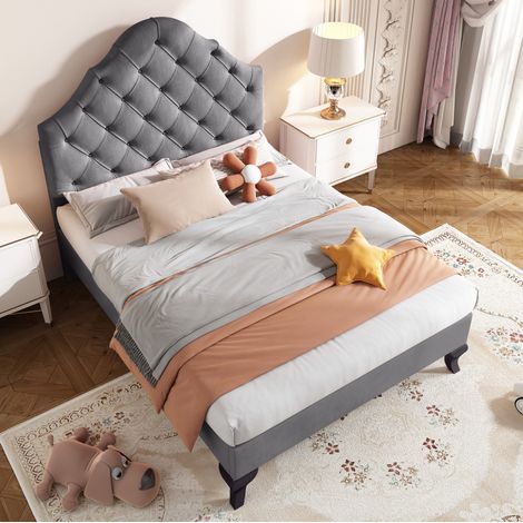 lit adulte 90x200 capitonné velours gris HAVRYA (1/5)