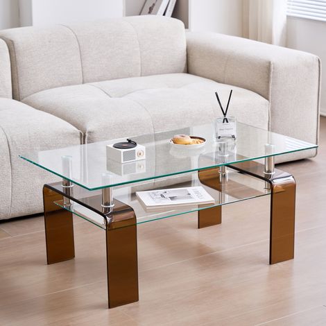 Table basse en verre trempé transparent 100 x 55 x 45 cm avec base marron (1/5)