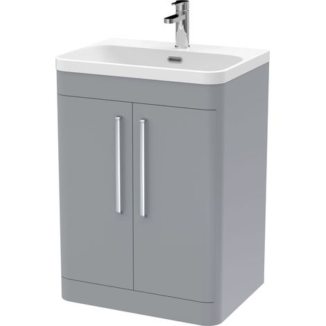 Aldershawe Contemporary Floor Standing 2 Door Vanity Basin Unit, Thin Edge Ceramic Basin, 600mm, Satin Grey (1/4)