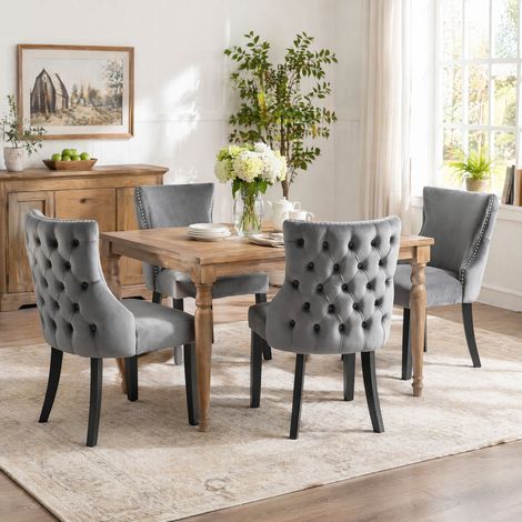 Silla de comedor de terciopelo gris, respaldo capitoné, patas de madera maciza, lote de 4 DESVIAE (1/5)