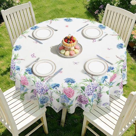 Nappe ronde 180 cm avec motif floral hortensia, printemps/été, bleu, facile d'entretien