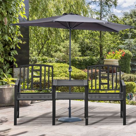 Banc de jardin moderne 2 places avec table d'appoint et trou pour parasol, mobilier d'extérieur 165 x 56 x 85,5 cm, noir (1/5)