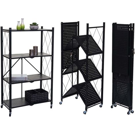 Étagère HWC-J85, Étagère sur pied Étagère de salon, pliable/repliable acier noir, 4 niveaux (1/5)