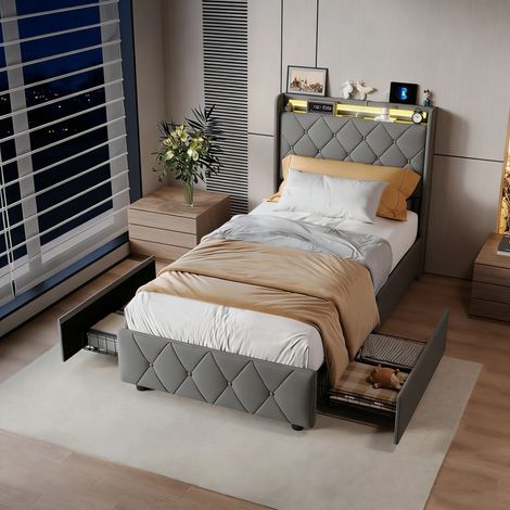 Lit 90x200 avec tiroirs, lit 90x200, lit adulte, lit simple, lit rembourré, tête de lit avec lumières LED, port de chargement, velours, gris (1/5)