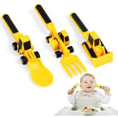 Lot de 3 Couverts pour Enfants,Couvert bebe,Ensemble Fourchette et Cuillère Pour Enfants,Couverts pour Enfant Bulldozer pelleteuse (1/3)