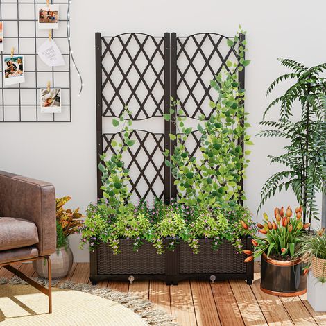 Jardinière avec Treillis sur Pied Double Bac à Fleur Auto-arrosage en Rotin PP avec Maille Diamant Trou de Drainage 80 x 40 x 122 cm Brun (1/2)