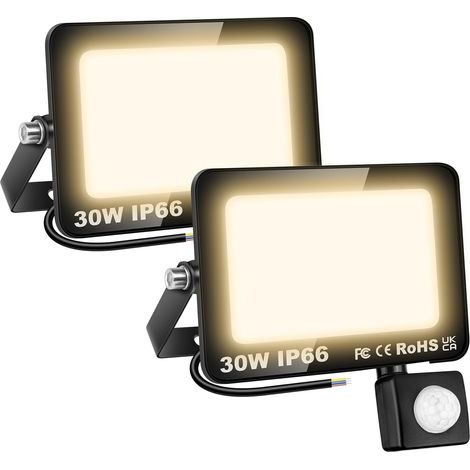 2 Pcs Projecteur led extérieur avec detecteur de mouvement, 30W 3000LM 3000K Blanc Chaud Spot led extérieur, IP66 Étanche eclairage de sécurité floodlight pour Terrasse Garage Jardin