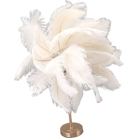 Lampe de table à plumes d'autruche rechargeable, lampe décorative moderne et romantique pour chambre, chevet, décoration maison, blanc (1/5)
