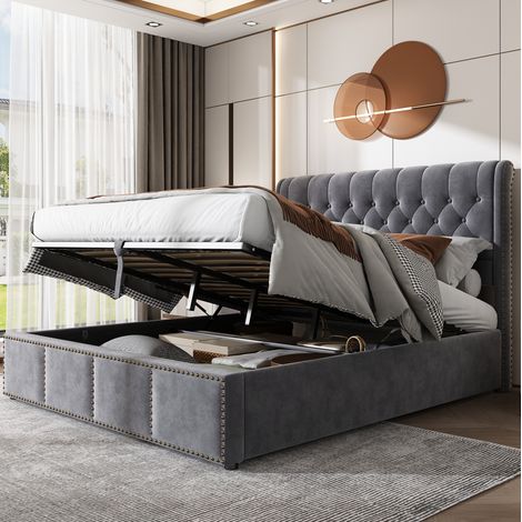 lit coffre 160x200 avec sommier velours gris HAVRYA (1/5)