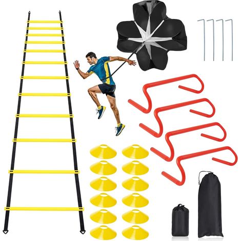 Ensemble de matériel d'entraînement pour échelle de vitesse et d'agilité, comprend 12 échelons d'agilité de 6,1 m, 4 haies d'agilité, 12 cônes de disque, 1 parachute de résistance (1/5)