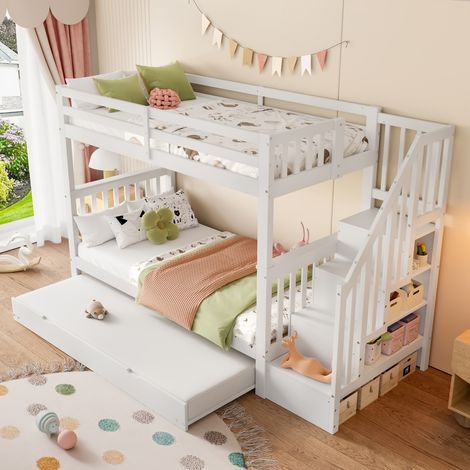 Lit superposé 90x200 blanc - Étagère escalier, lit gigogne intégré - Barrières de sécurité - Norme EN747-1 (sans Matelas) (1/5)