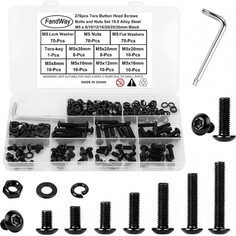 276 Pièces Torx Vis à Métaux et écrous,M5 Vis à Tête Ronde Torx,Boulon et écrous Rondelles,Boulons Tete Bombée Entièrement Filetées en Acier Carbone Noir Avec Clé T25 (1/5)