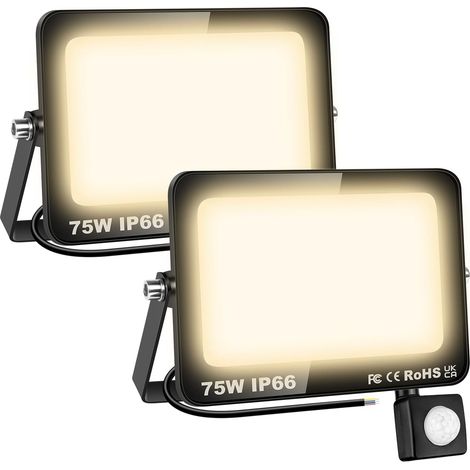 2 Pcs Projecteur led extérieur avec detecteur de mouvement, 75W 7500LM 3000K Blanc Chaud Spot led extérieur, IP66 Étanche eclairage de sécurité floodlight pour Terrasse Garage Jardin