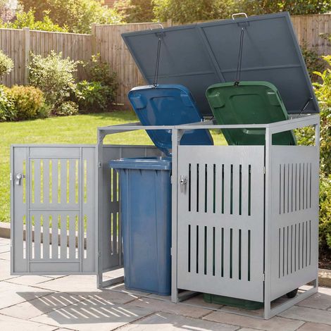 Abri pour 2 poubelles en métal argenté avec vérins à gaz et portes verrouillables pour jardin, garage et terrasse (1/5)