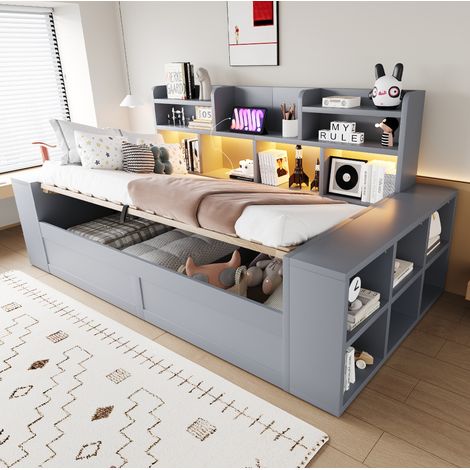 Lit banquette enfant 90x200 cm avec coffre hydraulique, LED, prises et rangements en MDF gris (1/5)