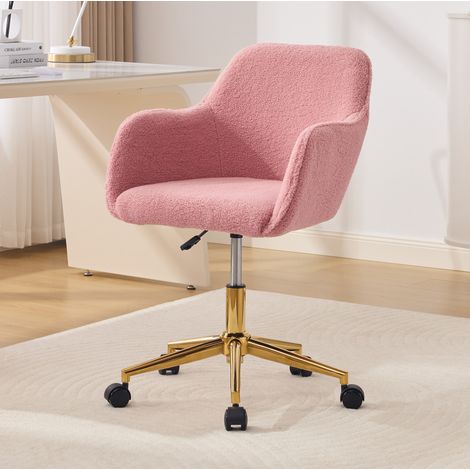 Fauteuil de bureau pivotant 360° réglable en hauteur, base dorée à roulettes, chaise de coiffeuse tissu bouclette teddy rose (1/5)