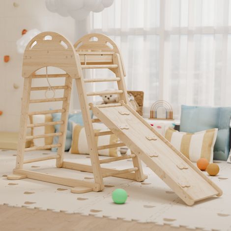 Triangle escalade Montessori Bois 6 en 1 plateforme anneaux structure avec toboggan naturel (1/4)